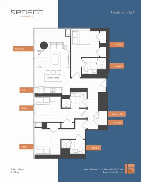 Floor plan for 3 beds, 3 baths, 392 sqft